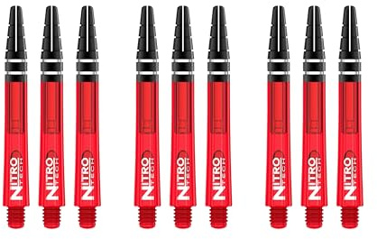 Röd DRAGON Nitrotech dartskaft, 3 stycken per förpackning (9 skaft totalt) med prickkort, röd, M