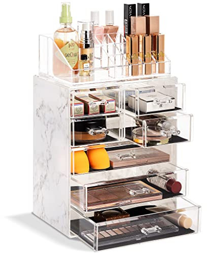 Sorbus genomskinlig kosmetisk sminkorganisatör - smink- och smyckesförvaring, fodral och display - rymlig design - bra hållare för byrå, badrum, sminkbord och bänkskiva (3 stora, 4 små lådor)
