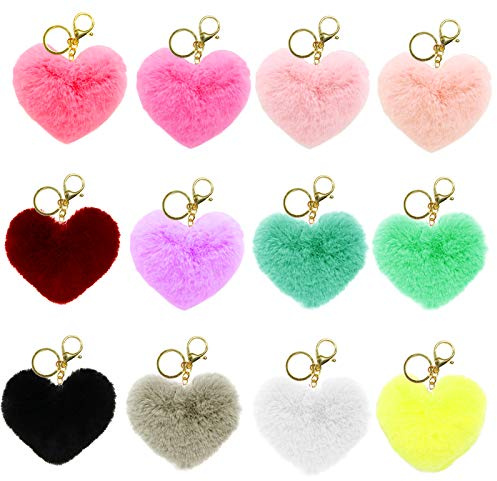 DOITEM 12 Stück Herzform PomPoms Schlüsselbund Flauschige Kugel Schlüsselkette Kunstkaninchen Pelz Pompons Schlüsselring für Mädchen Frauen