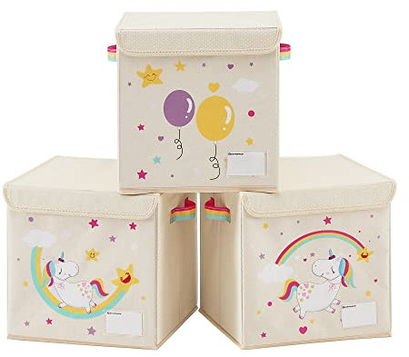 SONGMICS Juego de 3 Cajas de Almacenamiento de Niños con Tapa, Organizador de Juguetes, 30 x 30 x 30 cm, Cubos Plegables, para Dormitorio, Cuarto de Juegos, Patrones de Unicornio, Beige RFB710W03