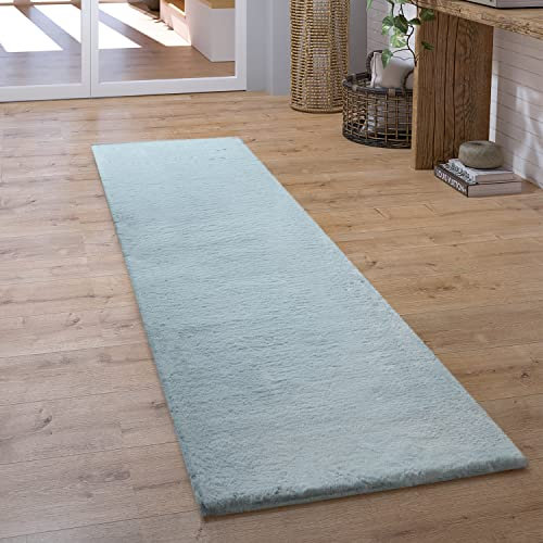 Paco Home Teppich Läufer Hochflor Wohnzimmer Flur Flauschig Schlafzimmer Fell Kunstfell Modern Fellimitat Einfarbig, Grösse:80x150 cm, Farbe:Türkis