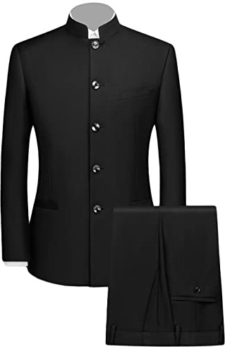 Set da uomo 2 pezzi tunica cinese colletto alla coreana blazer set giacca con bottoni e pantaloni set tradizionale uniforme sposo abito, nero, XS