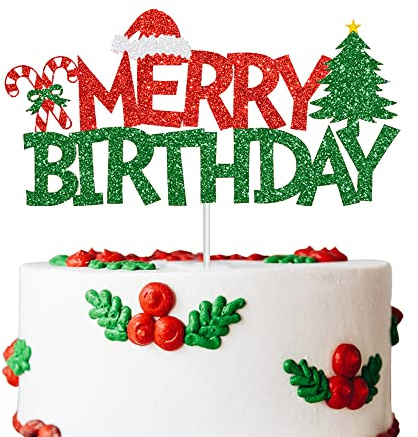 GotGala Merry Birthday Cake Topper Red &Green Glitter Christmas Birthday Cake Decoration Christmas Birthday Party Cake Food Picks for Winter Onederland Xmas Birthday Baby Shower Decorations