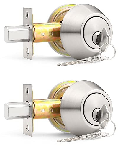 Probrico Keyed Alike Double Cylinder Deadbolt, 2 Side (Both) Keyed Round Modern Contemporary Deadbolt Door Lock for Interior and Exterior (Satin Nickel, 2 Pack)