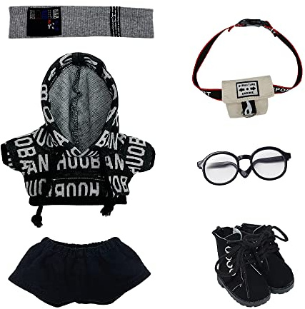 niannyyhouse 20 cm Plüsch-Puppenkleidung, lockerer Hip-Hop-Anzug, Kopfbedeckung, Hose, Rucksack, Brille, Schuhe, 20,3 cm, Puppenzubehör (schwarz, 20 cm)