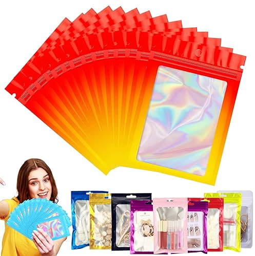 YAAVAAW 100PCS Rouge Jaune Sac Mylar Hermétique avec Fermeture à Glissière,10x15cm Pochons Refermable Aluminium avec Fenêtre Transparente,Pour Stocker Aliments,Bonbons, Bijoux,Des Appareils