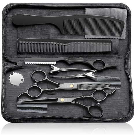 PURPLEBIRD Professional Hair Cutting Kit - 10 Pcs Barber Shears Set With Stainless Steel Scissors and Thinning Scissors for Men, Women, Pet - Black