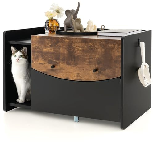 COSTWAY Caja de Arena para Gatos con Cajón Extraíble y Ruedas, Mesita de Noche con Puerta Abatible, Inodoro Oculto 78 x 50 x 51,5