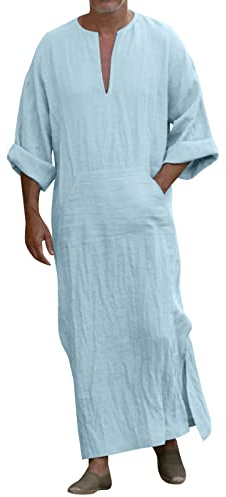 RUMAOZIA Caftán Árabe Musulmán para Hombres - Abaya Afgana de Algodón y Lino - Ropa de Oración Islámica Fresca para Verano - Jilbab Túnica