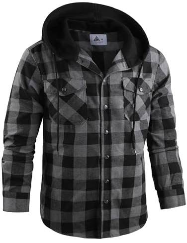 GEEK LIGHTING Men's Plaid Shirt Checked Shirts Mens Flannel Shirt Button Down Long Sleeve with Drawstring Casual Double Chest Pockets Classic Shirt Jacket 2XL Deep Grey
