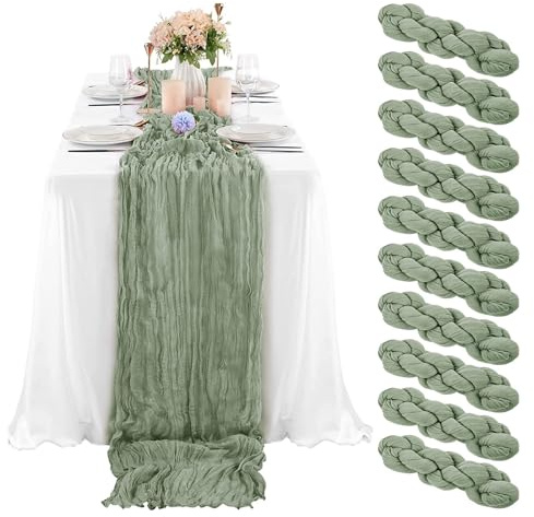 Lot de 10 chemins de table en étamine, vert sauge, style bohémien, décoration de table pour fête de mariage, fête prénuptiale, banquet, 88,9 x 299,7 cm