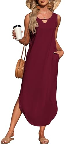 AUSELILY Women's UK Summer Sleeveless Split Maxi Dress with Pocket | Round Neck Hollow Out,Sleeveless Design,Side Slit,Loose Maxi Fit,Two Side Pockets,Soft Stretchy Fabric,Beach Coverup Dress