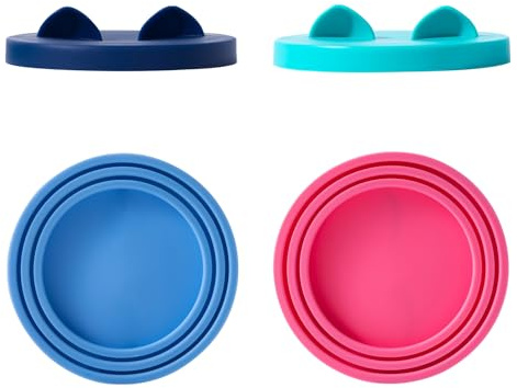 SLSON 4 Pack Pet Food Can Covers Cat Can Lids Cat Can Silicone Lid Cute Cat Ear Design Universal 1 Fits 3 Standard Size Cat Can Toppers for Pet Food Storage (Pink+Green+Light blue+Dark Blue)