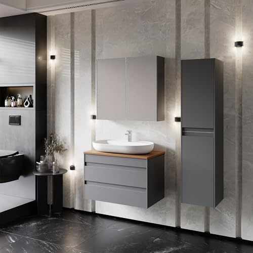 Badezimmermöbel Set Lara Konsole Walnuss 80 Anthrazit | Keramikwaschbecken | Unterschrank | Spiegelschrank | Softclose-Schubladen & -Türen & unsichtbare Griffe | Moderner Stil | Badmöbel Waschtisch