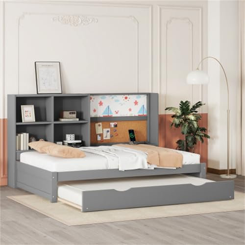 Schlafsofa 90x200 cm Tagesbett Mit Ausziehbarem Bett Einzelbett Mit USB-Ladeanschluss Zeichenbrett Mehrere Staufächer Holz Bettgestell Bodenbett Gästebett Ohne Matratze Grau