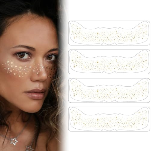 SIRLOMU 4 Stück Glitzer Gesicht Sommersprossen Tattoo, Wasserfeste Goldene Sterne und Punkte Temporäre Tattoos, Festival Freckles, Freckles Tattoo Folie (Goldene)