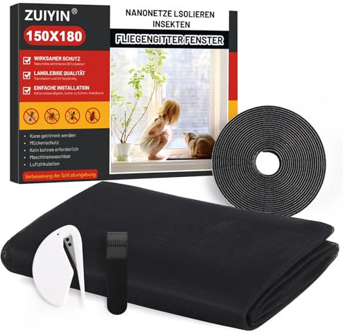 ZUIYIN Mosquitera para Ventanas - 2 Unidades 150x180 cm Negro - Sin Taladrar Protección Antiinsectos Ajustable con Cinta Adhesiva Reforzada - Red para Moscas y Mosquitos