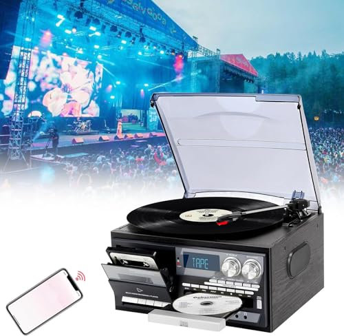 QFGain Tocadiscos De Vinilo con 3 Velocidades, Tocadiscos Antiguos, Reproductores De CD, Casetes Y Vinilos, Radio Am/FM, ReproduccióN USB/SD, FonóGrafo PortáTil, Dispositivo De Audio,Black