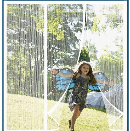 Alwayswhy Magnetic Fly Screen Door, Double Door Anti Mosquito Mesh Fly Curtain, Heavy Duty Fly Door Screen Mesh, for Balcony Sliding Doors, White Stripes, 130(43/44/43) x180cm