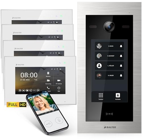 Balter EVO-HD Video Türsprechanlage mit Touchscreen Türstation, Video Türklingel, Smartphone App, 4 Familienhaus, 4X 7 Monitore, Türklingel mit Kamera Full HD, 2 Draht Bus, 175° Weitwinkel, RFID