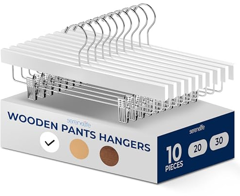 Serenelife Cintres Bois à Pinces - Cintres Pantalons, Jupes, Jeans, Uniformes - Gain de Place, Crochets Pivotants 360°, Pinces Réglables, Finition Bois Blanc, Lot de 10