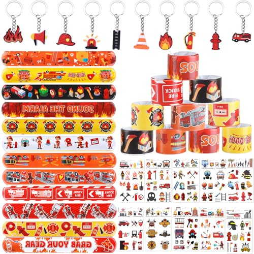 Ainvliya 32PCSFeuerwehrmann, Party Mitgebsel Feuerwehr Deko Kindergeburtstag mit Schnapparmband Kinder Tattoos Feuerwehrmann Schlüsselanhänger, Mitgebsel Kindergeburtstag für Jungen