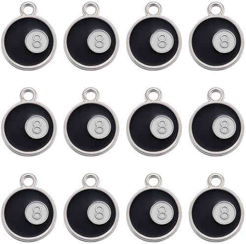 SUNNYCLUE 1 Box 40Pcs Black 8 Ball Charm Lucky Number Charms Bulk Alloy Enamel No Eight Billiard Snooker Flat Round Pendants for Jewellery Making Findings Necklaces Earrings Bracelets Keychains Crafts
