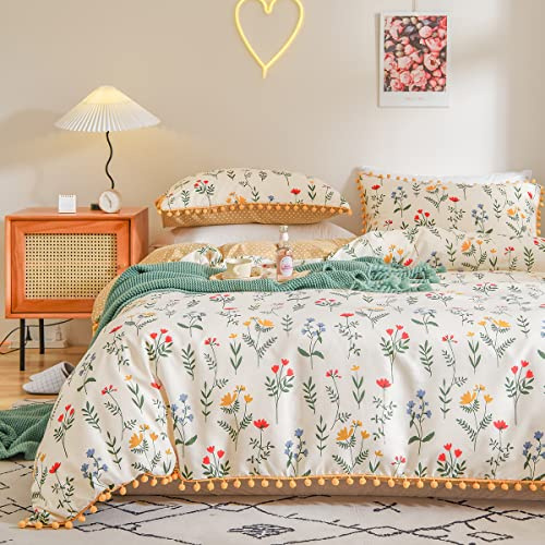 Freyamy Bettwäsche 200x220cm 3teilig Weiß Bunt Blumen Pompons Wendebettwäsche Microfaser Weiche Bettwaren-Sets Romantisch Mädchen Bettbezug mit Reißverschluss und 2 Kissenbezug 80x80cm