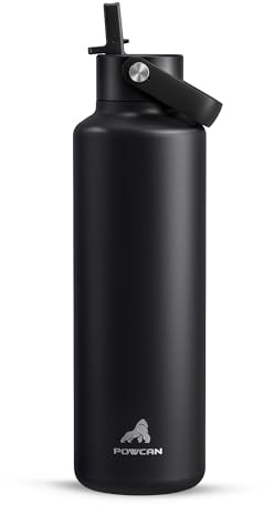 POWCAN 710 ml/24 oz Wasserflasche für draußen: Auslaufsicher, leicht, 24 Stunden kalt, Edelstahl-Thermoskanne mit Strohhalm für Reisen, Ausflüge, Wandern, Radfahren, Sport (Mitternachtsschwarz)