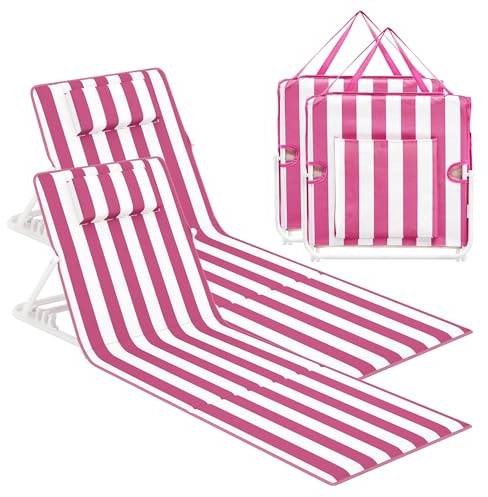 SONGMICS strandstol, 2-pack, campingstol, solsäng, strandmadrass, hopfällbar, justerbart ryggstöd, lätt att bära med handtag, för camping, trädgård, pool, 158 x 55 cm, rosa-vitrandig GCB251SZ02
