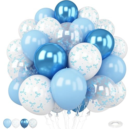 Gleemix Luftballons Blau Weiss Set, 30 Stück Blaue Luftballons mit Schleife, 12 Zoll Blau Schleife Latex Ballons, Luftballons Blau für Geburtstag, Babyparty, Hochzeit Deko