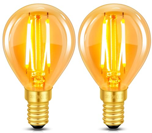 2 Stück E14 LED Vintage Glühbirne, 2W LED Filament, Ersetzt 20W Glühlampe, Warmweiß 2200K Bernstein Glas Birne, 200LM, Golfball P45/G45, Nicht Dimmbar, Nostalgische Deko für Zuhause, Café, Bar