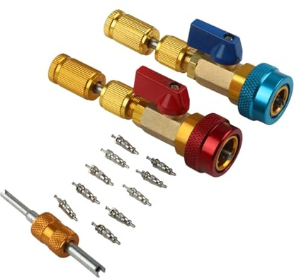 Homeponnew Kit d'outils de démontage de noyau de valve AC pour réfrigérant R134A avec coupleurs rapides haute et basse pression, 10 noyaux de valve et clé, outil d'entretien de climatisation