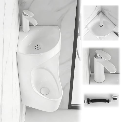 Orinatoio in ceramica a parete Orinatoio Angolare A Parete con Rubinetto E Lavabo Integrati, Orinatoi in Ceramica Salvaspazio per Bagni Piccoli, Camper E Mini Case