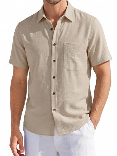 HISDERN Mens Linen Shirts Short Sleeved Summer Casual Button Down Shirt Cotton Regular Fit Beach Holiday Tops with Pocket