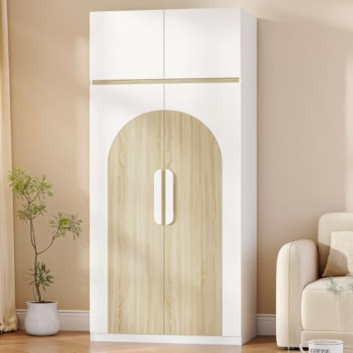 Hzuaneri Garderob 50 x 80 x 180cm, Vit med Naturlig Träfärg | Garderob med Fyra Dörrar, 2 Förvaringsfack och Krokar, Justerbara Hyllor, Lämplig för Sovrum, BW10103E