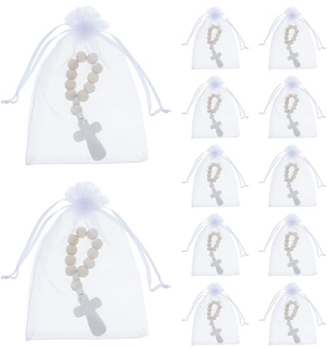 SHINEOFI 40 Juegos de Pulseras de Rosario de Cuentas de Madera con Crucifijo y Bolsas de Malla para Celebraciones de Bautizo y Comunión