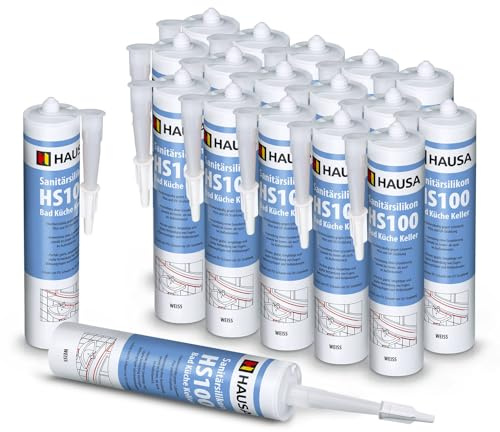 HAUSA Sanitär-Silikon HS100 weiß 18x 310ml hochelastische Fugendichtmasse für Bad Dusche Küche schimmelresistenter wasserdichter Acetat Silikon-Dichtstoff in Kartusche zum Abdichten Verfugen