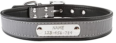 Mogokoyo Personalisiert Hundehalsband Leder Halsband Große Hunde Breit mit Name Reflektierende Eisenes Schild Verstellbar Hundehalsbänder Haustier Geschenk für Hunde und Katzen Schwarz L