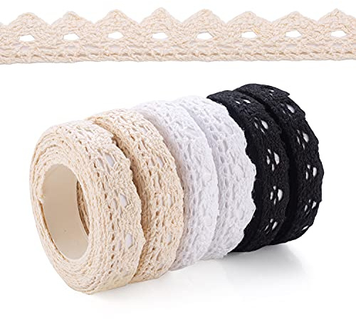 6 Rollen Beige Weiß Schwarz Spitzenband Selbstklebende borte Vintage Dekoband Spitze Bänder Bordüre Spitzenbort Stoffband Selbstklebend Bänder für Hochzeitseinladungen Alben,Flaschen vielem mehr.