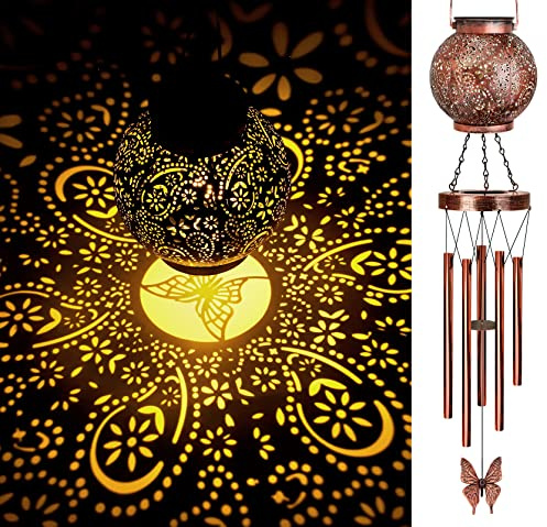 YHmall Solar Wind Chimes for Outside, Butterfly Birthday Gifts for Women Mom, Flower Solar Lantern Windchimes Outdoors, Hanging Memorial Wind Chimes for Garden Decor