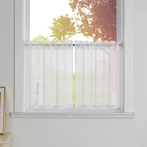 SCHOAL Scheibengardinen Transparent Bistrogardine Landhausstil mit Tunnelzug/Kräuselband 2 Stück Küche Gardine Kurztores Set Fenstergardine Jacquard 2er Set Weiß Wohnzimmer HxB 90x110cm