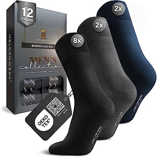 HELDENWERK 12er Pack Socken Herren I Herrensocken mit atmungsaktiver Baumwolle ohne drückende Naht I Business Männersocken, Anzugsocken (8x schwarz, 2x grau, 2x navyblau)