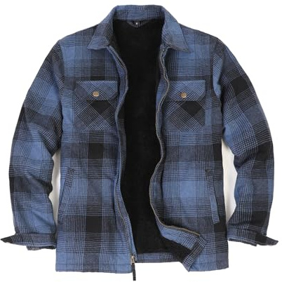 ZENTHACE Veste en flanelle à carreaux doublée Sherpa pour homme avec fermeture éclair intégrale, brossée et confortable, bleu foncé, XX-Large