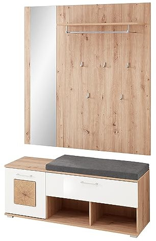 Lomadox Garderoben Set mit Spiegel & Schuhbank in Eiche mit weiß Hochglanz, B/H/T ca. 126/193/38 cm