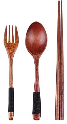 MAGICLULU Holz Besteck Set Mit Tasche Für Camping Reisen Picknick Büro Oder Zuhause Bestecksets Aus Holz