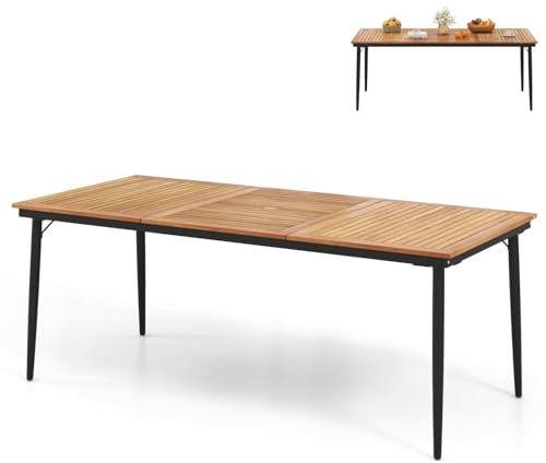 GiantexUK Outdoor Dining Table, Acacia Wood Kitchen Table with Metal Legs, Umbrella Hole & Adjustable Foot Pads, Rectangular Garden Table for Indoor Bistro Patio (Cylindrical Legs, 200 x 90 x 75cm)