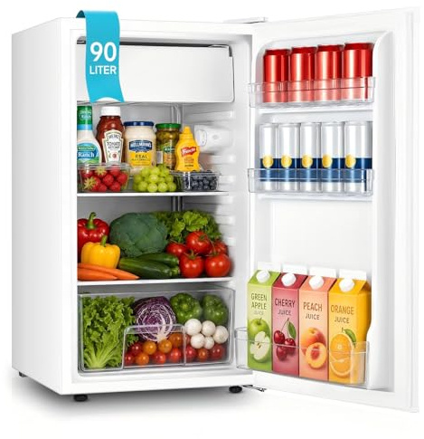 FOHERE Frigorifero Piccolo 90L, Frigorifero Monoporta con Fresh Zone, 7 Termostato Regolabile, Silenzioso, Scomparto per Verdure, Frigo da Ufficio, Camera, Bianco