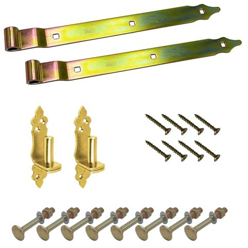 BRESKO Ladenband gekröpft mit dekorativen Kloben und Schrauben Set 300-800 mm Torband Türband Scharnier Bandscharnier Tor Beschlag Gartentor (Gelb verzinkt, 300x35x4 mm)