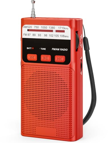 Pequeñas Radio Am/FM, Mini Radios con Función MP3 y Toma de Auriculares, Radios Portátiles con Batería Recargable Incorporada, Radio con Clip, Cordón y Función de Luz.（Rojo）